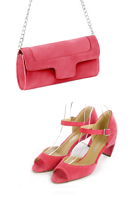 Dress clutch for wedding and parties in carnation pink leather - Worn view